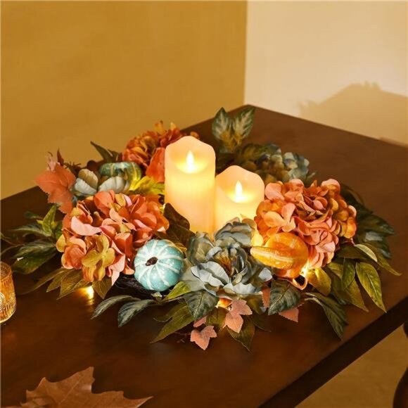 24" Pre-Lit Autumn Wreaths with Peony‎ Hydrangea and Pumpkin for Front Door - Picture 4 of 6